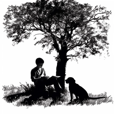 Boy under a tree reading with dog silhouette clipart black and white SVG