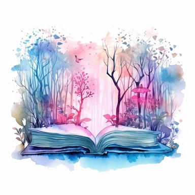 pink and pale blue watercolour image of magical forest coming out of a book clipart, vector image