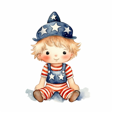 watercolor illustration, cute 1st of July clipart, detailed doodle, white background, adorable doodle clipart USA , highest resolution