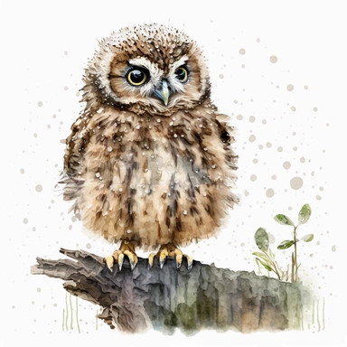 baby owl Clipart Watercolor, white background, cute, realistic style in woods detailed