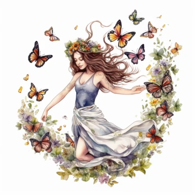 watercolor, hyper realistic, white background, white margins, 16k, ultra detailed clipart, cut out image, hand-drawn, whimsical a lady with a flower crown, twirling in a meadow as butterflies flutter around her in a whimsical dance