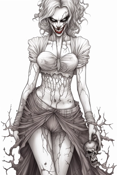 a college girl, fit-thick-build, wearing a high skirt and a cropped linen shirt, plunging neckline terrifying and evil Female clown Zombie, Full body, dripping liquid hand drawn, white background, pencil sketch, black and white, line art, coloring page for adults, printable outlined art, thin lines, intricate details, crisp lines, highly detailed, illustration, digital art, vectro, clip art, kawii, detailed grayscale, hand drawn art, charcoal sketch