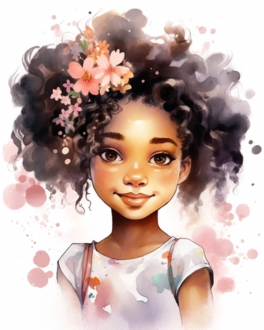 a little black girl portrait in watercolor Disney style clipart on white background, hugh eyes, sarah kay, holly hobbies, valentines day