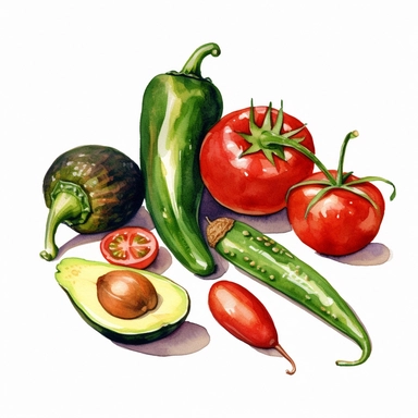 very simple watercolor drawing of tomatoes, avocados, chili peppers, cilantro, and limes, White background, clipart