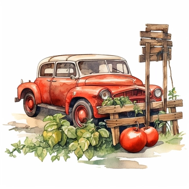 tomatoes on a wooden hanger, watercolor clipart & clip art, in the style of light red and dark gray, narrative paneling, classic american cars, uhd image, hand lettering, depiction of rural life, wood