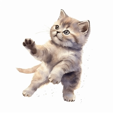 hand painted watercolor clipart, gray cream black colored british shorthair kitten jumping in the air and leaping forward wants to grab something, profile view, excited expression on face, childlike innocence and excitement, full body visible, hairs are visible, visible tail, I can't believe how cute, professional watercolor drawing, watercolor paper texture on drawing, isolated on white background