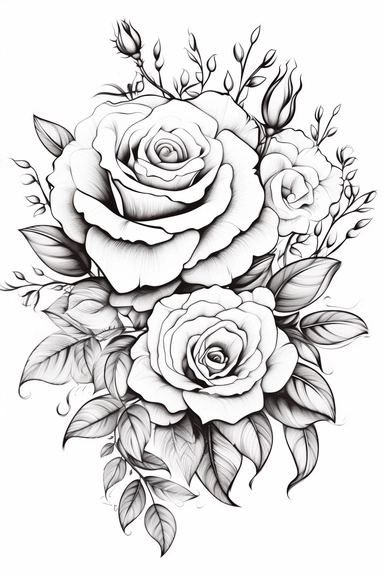 line drawing clipart of roses in black and white