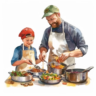 A father and son cooking together in the kitchen, wearing chef hats and aprons, Watercolor, Clipart, detailed, high resolution, transparent background PNG