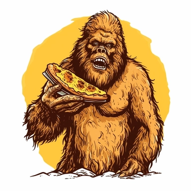 sasquatch clipart holding pizza, eating huge pizza, one color design, screenprint