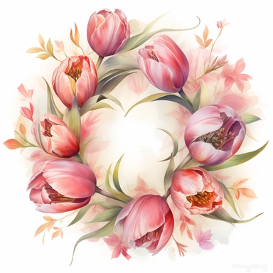 Watercolor Painting of beautiful multi - headed Tulip Wreath FLOWERS on white background DETAILED ILUSTRATION, Flora Design Patterns, Flemish Baroque by Rachel Ruysch, Behance, Rococo, Intricate Detailed, Soft Light Effect, Oil Paint Strokes, Light Academia Aesthetic Flowers, Lighting cinematic, all shown shimmering stamens, tyndall light, texture, colorful, 8k, fantasy, ray tracing, vivid, spectacular lighting, octane rendering, highly detailed, ultra - realistic, white background, clipart