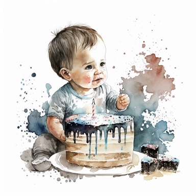 a first birthday cake with watercolor effect,a little happy boy eating the cake,suitable for digital clipart,white background,a one birthday candle on the cake