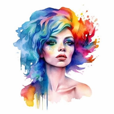 a beautiful woman princess with rainbow hair. white background. clipart. watercolour.
