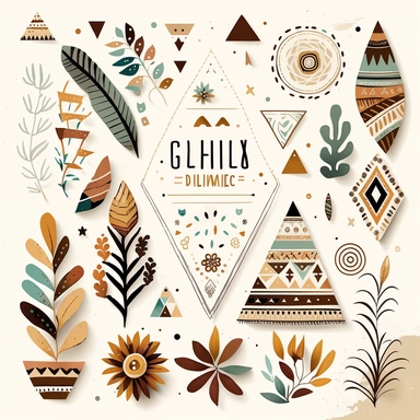 Create a set of Boho Shapes Clipart illustrations on a white background. The clipart should feature a variety of geometric and abstract shapes, with a bohemian-inspired style. Detailed descriptions for the Boho Shapes Clipart: The clipart should include a mix of triangles, circles, diamonds, and other abstract shapes, with intricate details and a hand-drawn feel. The style should be bohemian and free-spirited, with a focus on natural elements such as flowers, feathers, and leaves. The colors sho