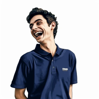 ultra camera realistic man, age 25, in vibrant royal blue polo shirt uniform laughing at a very funny joke with white background for a vector clipart
