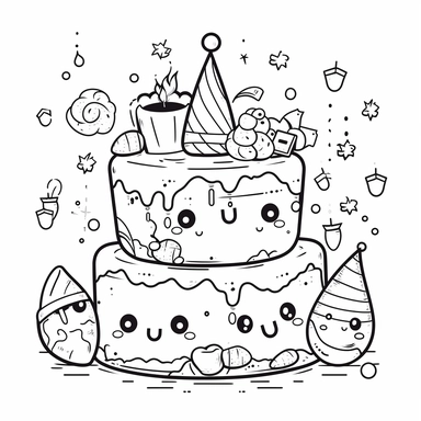 kawaii icon two layers cake with fruits, candies, candles, sprinkles clipart coloring page black line white background