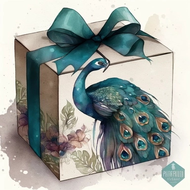 clipart watercolor flat box in peacock pattern with huge long bow on top