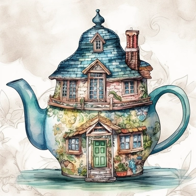 a Teapot House watercolor Clipart sublimation clipart graphic, full body, clipart, sticker, a single picture, cartoon style, highly detailed, 8k, one image in the frame--no text in the picture--