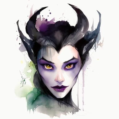 watercolor Maleficent, beautiful face, clipart, white background, by Glen Keane