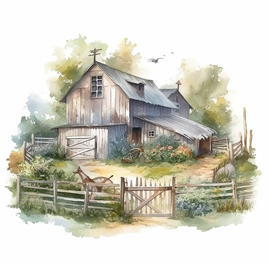 pretty white painted barn clipart, painted white, pretty charming farmyard setting with plants trees and farm accessories, fence, detailed watercolor illustration, light color palette, farmyard accessories, isolated on white background