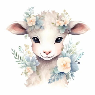 floral cute lamb clipart, original hand drawing, watercolor, understated and flawless for t shirt and cup printing, happy cute smily, transparent background, realistic painting, portrait without writing , style of the artwork, mood of the artwork, vector, contour , white background, 8K quality, ultra detailed , without signature and without meaningless lines, clipart, white background, High Quality, no writting background, no writting, ultra detailed, no symbol, without logo and emblem
