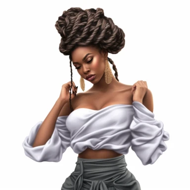 ?????socialite black woman bods, long massive braids, full glam, fashion icon, talented and good vibes, dressy pant and couture frilly flowy top, clipart, white background