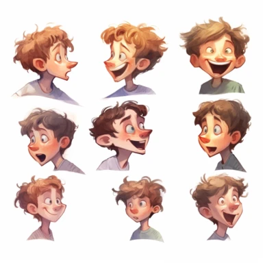 watercolor , illustrations clipart, white background, character emotion sheet, front view , phonics mouth movements, laughing, speaking, one eye closed, seed 900