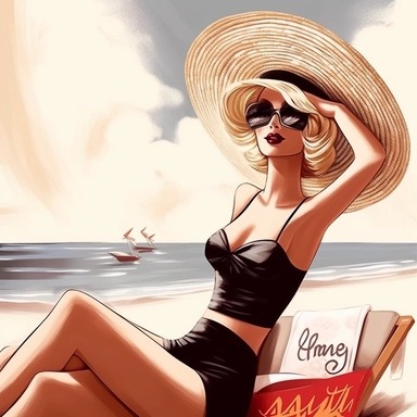 portrait view, full view, clipart illustration, beautiful lady sunbathing on beach, exact image, sharp focus, high detail, (--iw 5)