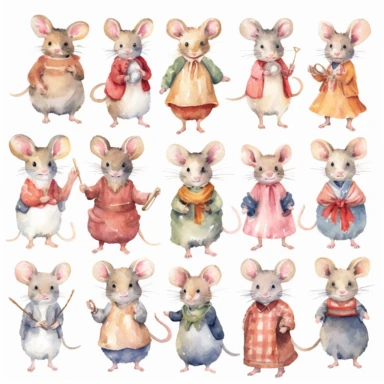 Watercolor Mouse in Dress, 25 Cute Mice Clipart, Animal Digital Prints