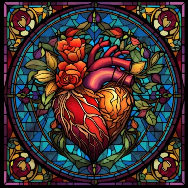Design a captivating digital illustration of a Stained Glass Floral Heart Clipart, merging the beauty of stained glass art with anatomical Valentine illustrations. Embrace the artistry and intricacy of stained glass by incorporating vibrant colors, intricate patterns, and floral motifs. The style should evoke a sense of timeless elegance and craftsmanship, reminiscent of the delicate detailing found in stained glass windows. Experiment with lighting techniques to mimic the effect of sunlight fil