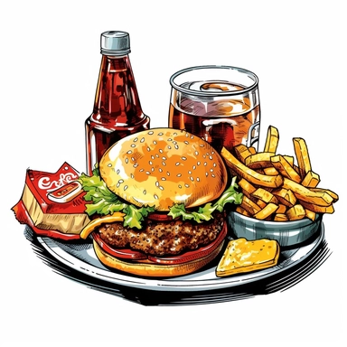 Visualize an attractive, hand-drawn clipart of the ultimate comfort food combination: a cola, a hamburger, and chips. The cola is presented in a classic, chilled bottle, with bubbles subtly rising to the top. A tempting hamburger with all the trimmings - lettuce, cheese, and a succulent meat patty - stands next to it. A serving of golden, crispy chips completes the mouthwatering scene. The items are carefully rendered against a pure white background, emphasizing the quality and attractiveness of