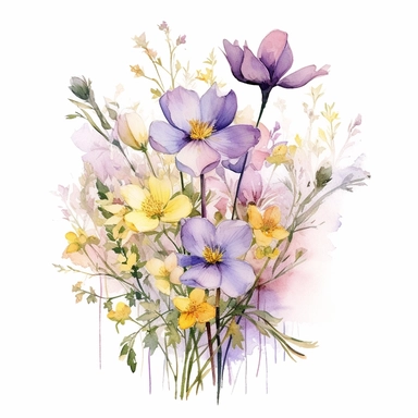 watercolor botanical flower arrangement with spring wild flowers, in the style of Francis Marte, watercolor art with delicate ink outline, soft atmospheric scenes, soft and dreamy atmosphere, poetic and atmospheric style, decorative paintings,white background, clipart