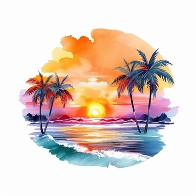 watercolor, beach sunset, waves, beach, palm trees, beautiful, clip art, multiple colors, cute, cartoonish, white background