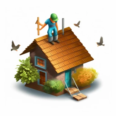 icon clipart diagram of a house with trees, flowers and a roofer working . Png with transparent background. For flyer design