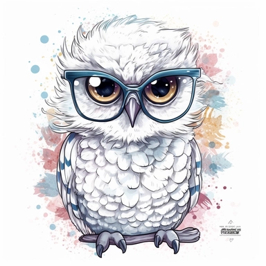 kawaii adorable fantasy snowy owl wearing cute glasses, nursery art, clipart image, line art image, white background, inspired by yoshitaka amano art, very detailed, 8k