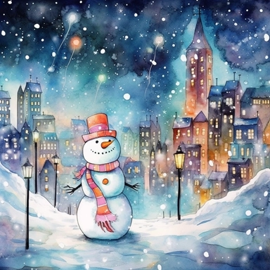 Watercolor drawing, christmas lights, large snowman, the city at night, the lights on, bright colors, ultradetailed hd , style by Lucy Fleming, watercolor, smooth gradients, black contour outline, ultra detailed, clipart elements, delicate pastel colors,