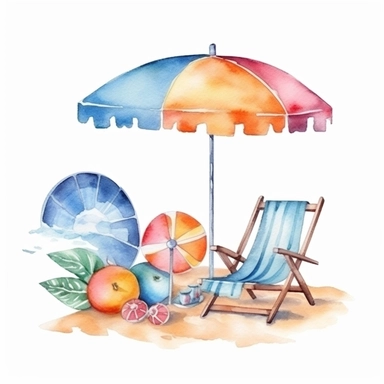 summer beach themed watercolor one clipart with white background, painting illustration, 4k, high resolution, render