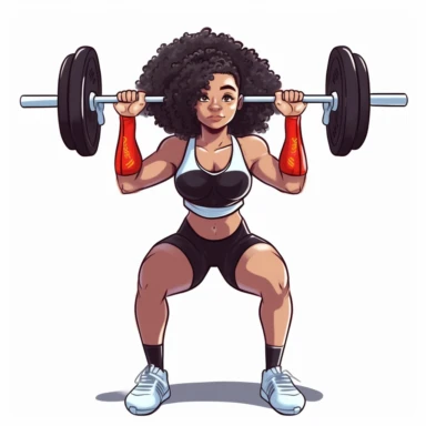 Black Female Olympic weightlifting, Black hair, squatting with barbell over head, detailed face, detailed hands, long beautiful hair, sports clothes, cartoon art, clipart style, solid white background