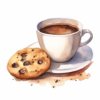 a cup of coffee and a cookie clipart, watercolor, cutout on white background,