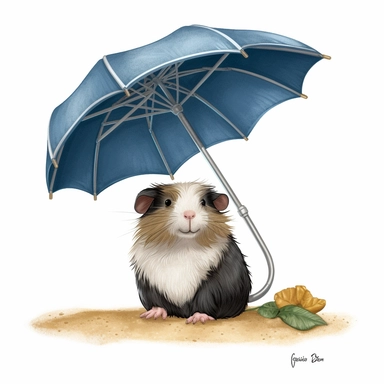 hyper-detailed clipart illustration of a happy Guinea Pig, sitting on a beach chair, wearing sunglasses and sipping a cold drink with a funny hat and a tiny paper umbrella, extreme close-up view, isolated on white background with margins, Studio Ghibli-style,