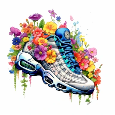 nike air max '95, with florals growing on and around the shoe, cartoon illustration, airbrush art style, realism, clipart, white background