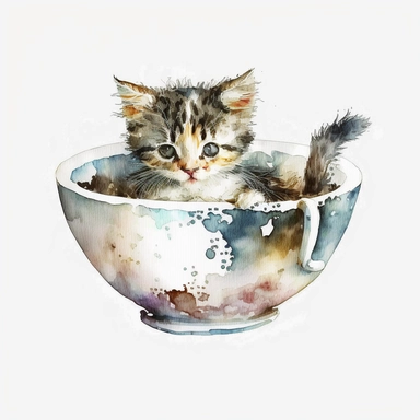 kitten in a modern soup bowl, cute, vintage teacup, watercolor, white background, clipart