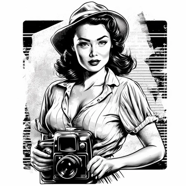 film noir theme, pin up girl clipart in a modern photography style, free-spirited and natural feel, white background, scalable vector format, highly detailed textured 8k