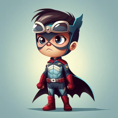 Little male kid in costumes, superheroes, cook, pilot, scout, comic character full body,cartoon, vector, sharp focus, super detailed, illustration, 16:9, v4, q2, 16k, High quality, clipart