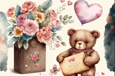 valentine flowers, chocolates, teddy bears, heart, cards letters expressing love and affection accessories clipart, Aquarelle hand painting, aesthetic, watercolor, sparklecore, fantastic realism, fairytale