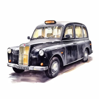 Black London taxi cab UK, watercolour illustration clipart, extremely detailed, 4k, high quality, isolated on white background