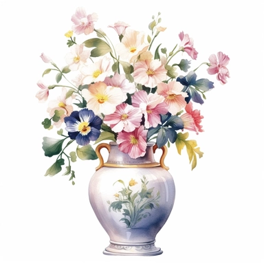 single isolated asset, cute beautiful random Flowers in a fabulous Vase , front view, watercolor, professional vector clipart, white background