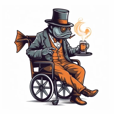Fish in smoking sitting in wheelchair and drinking his coffee, logo design, clipart, mafia colors, white background