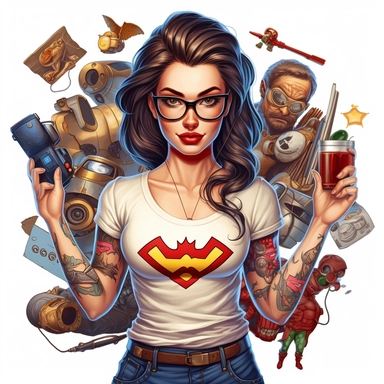 beautiful pretty gamer girl, pin up style, cute angry face, with headphones, makeup and hair 50's style, Superman tshirt, showing shoulders, tattoed arms,glasses, holding Lucille baseball bat,with money in her hand, dark hair, paint art style, different poses, different haircolor, detail, clipart, white background, superrealistic, one of a kind