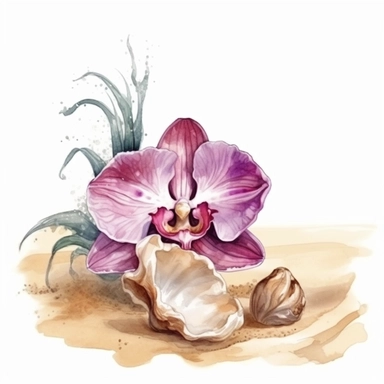 hand drawn sandy beach with a conch shell sitting in the sand, orchid bloom beside the conch shell, glamorous, clipart style, detailed and realistic, watercolor, white background with margins