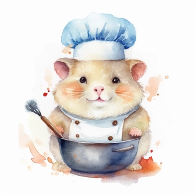 watercolor clipart, A cute, chubby hamster wearing a chef's hat is Cooking food in the kitchen, tasty, white background, high solution
